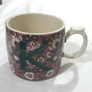 Anthropologie Coffee Cup Mug with Inicial K Floral on Purple Multicolor